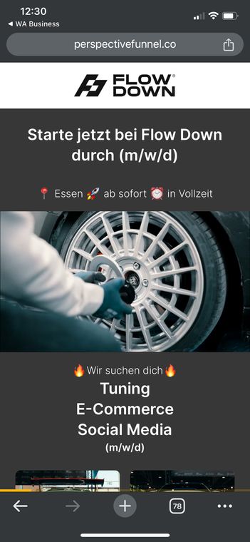 Funnel-Schritt 1 auf dem Smartphone: Startseite mit der Überschrift „Starte jetzt bei Flow Down durch (m/w/d)“ und einem Werkstattbild.
