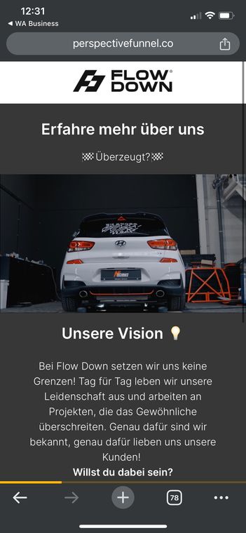 Funnel-Schritt 2: Abschnitt „Erfahre mehr über uns“ mit Fahrzeugbild und dem Text zur Vision des Unternehmens.