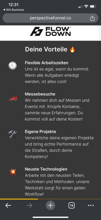 Funnel-Schritt 3: Liste „Deine Vorteile“ mit flexiblen Arbeitszeiten, Messebesuchen, eigenen Projekten und neuester Technik.