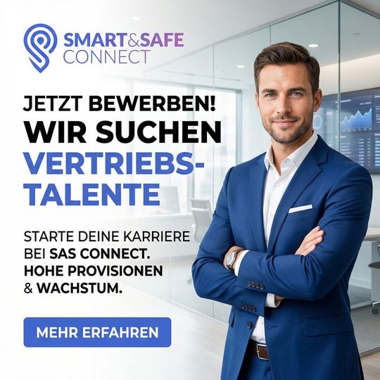 Original-Werbeanzeige von SAS Connect: ein Vertriebsmitarbeiter im blauen Anzug, Überschrift „Jetzt bewerben! Wir suchen Vertriebstalente“.