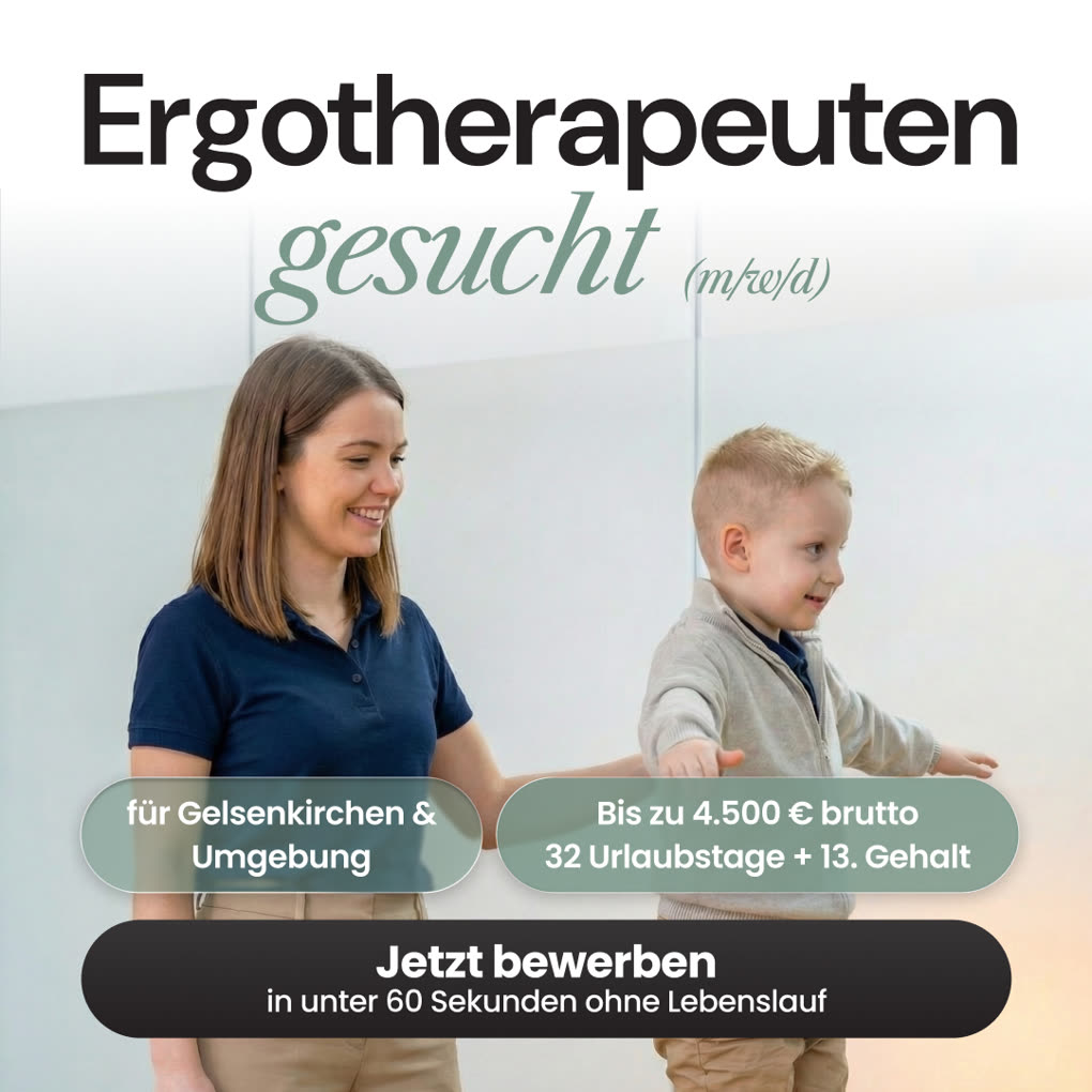 Recruiting-Anzeige: Ergotherapeuten (m/w/d) f&uuml;r Gelsenkirchen und Umgebung gesucht, bis zu 4.500 Euro brutto, 32 Urlaubstage und 13. Gehalt