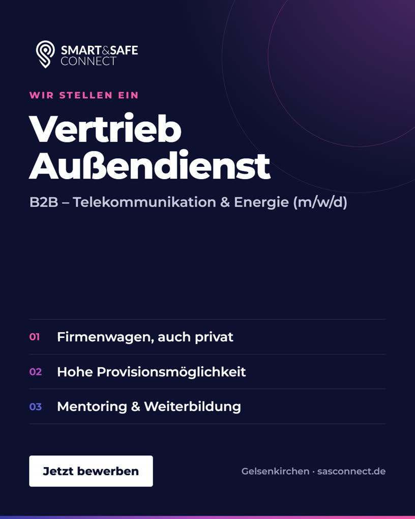 Recruiting-Anzeige von Smart & Safe Connect in Gelsenkirchen: Vertrieb Au&szlig;endienst B2B (m/w/d) f&uuml;r Telekommunikation und Energie, Firmenwagen auch zur privaten Nutzung