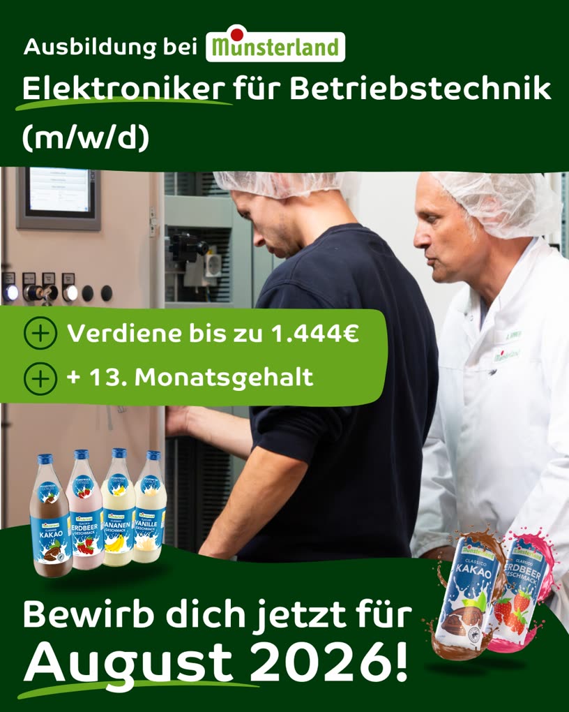 Recruiting-Anzeige der Molkerei M&uuml;nsterland: Ausbildung zum Elektroniker f&uuml;r Betriebstechnik (m/w/d) ab August 2026
