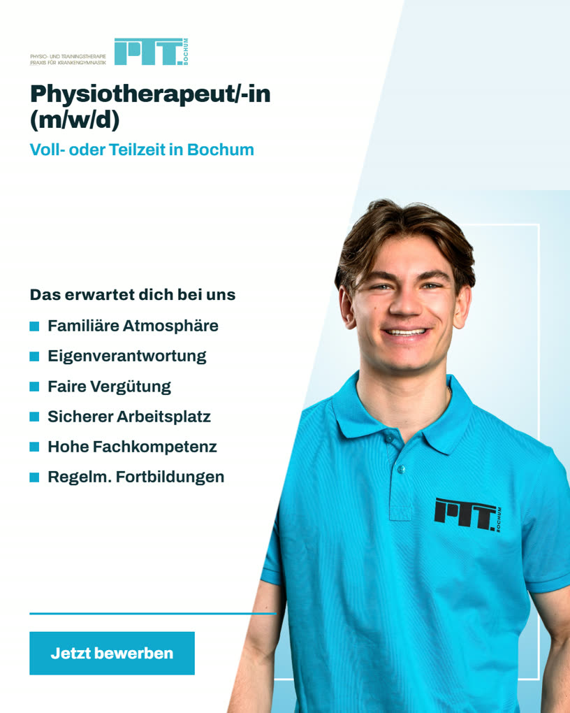 Recruiting-Anzeige der Physiotherapie PTT Bochum: Physiotherapeut oder Physiotherapeutin (m/w/d) gesucht, famili&auml;re Atmosph&auml;re und faire Verg&uuml;tung