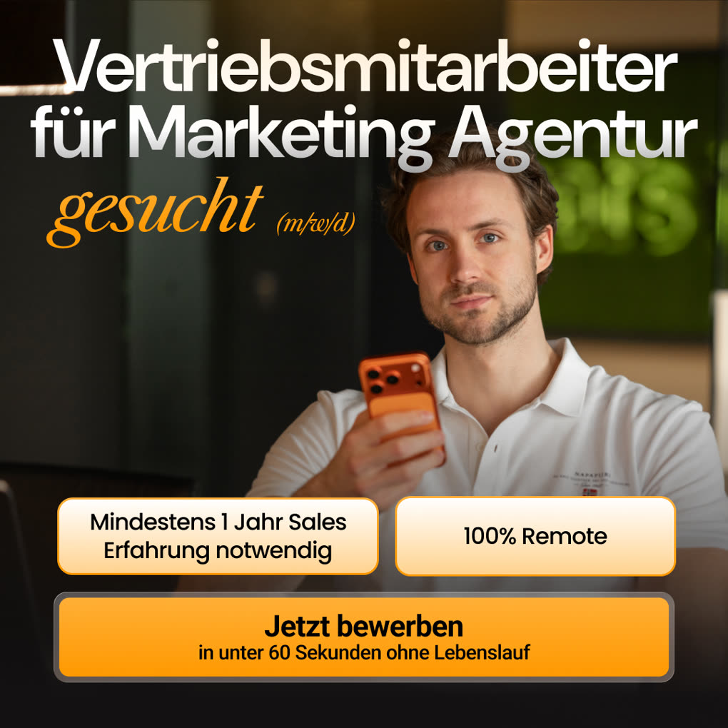 Eigene Recruiting-Anzeige: Vertriebsmitarbeiter (m/w/d) f&uuml;r eine Marketing-Agentur gesucht, mindestens ein Jahr Sales-Erfahrung, 100 Prozent remote