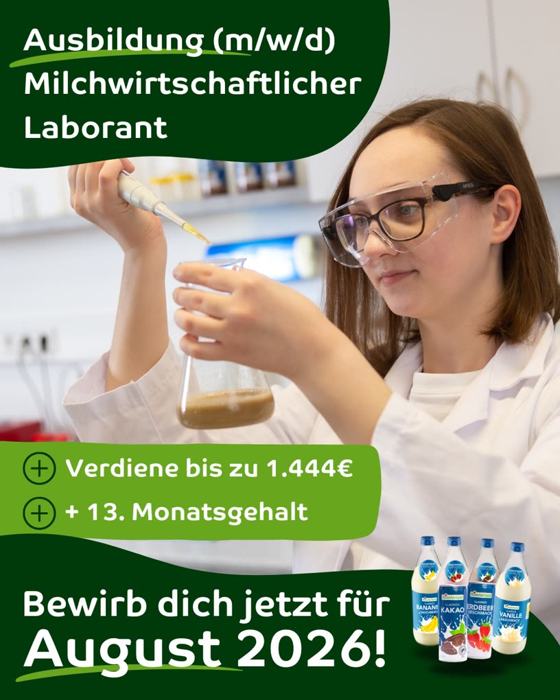 Recruiting-Anzeige der Molkerei M&uuml;nsterland: Ausbildung zum milchwirtschaftlichen Laboranten (m/w/d) ab August 2026