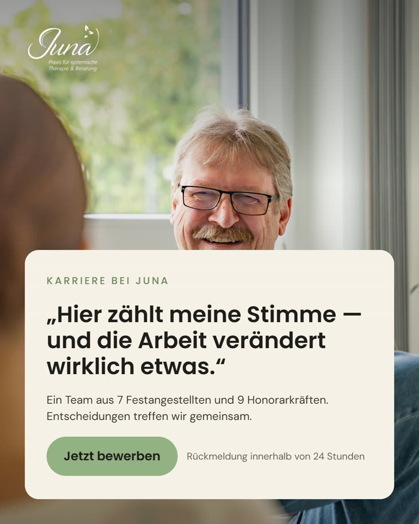 Recruiting-Anzeige der Praxis JUNA mit Mitarbeiterstimme: ein Team aus 7 Festangestellten und 9 Honorarkr&auml;ften, R&uuml;ckmeldung innerhalb von 24 Stunden